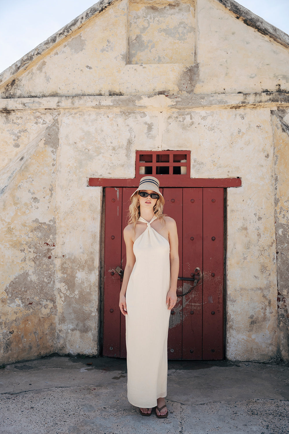 Halter Linen Long Dress in Off White